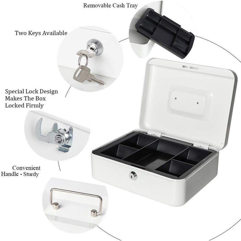 Jssmst Locking Large Metal Cash Box with Money Tray, Lock Box, White - Image 4